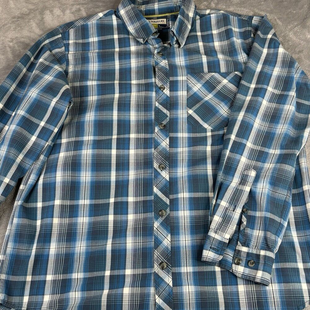 Magellan Outdoors Shirt Men’s L‎ Blue Plaid Long Sleeve Loose Fit Adventure Gear - Picture 5 of 10